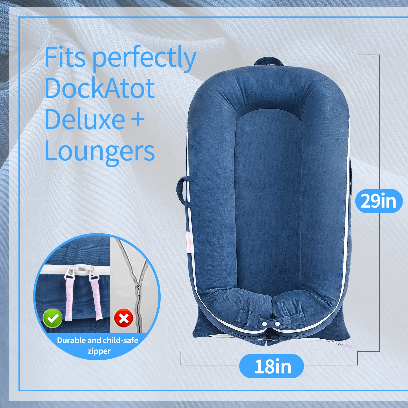 Two-way zipper design enables easy change and fast cleanup.