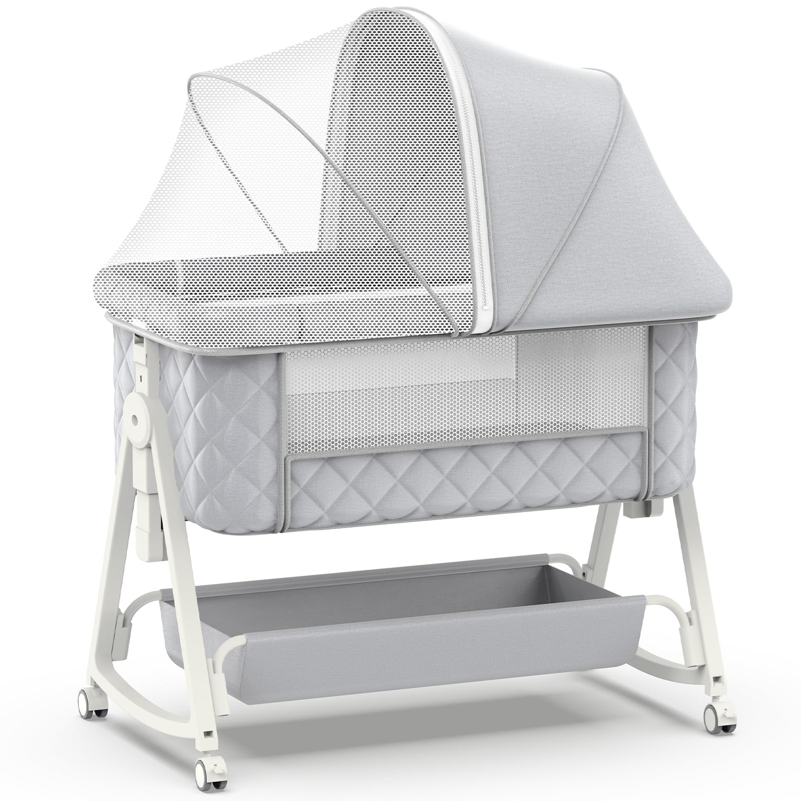 Pudult 5-in-1 bedside sleeper beside the bed for convenient night care.