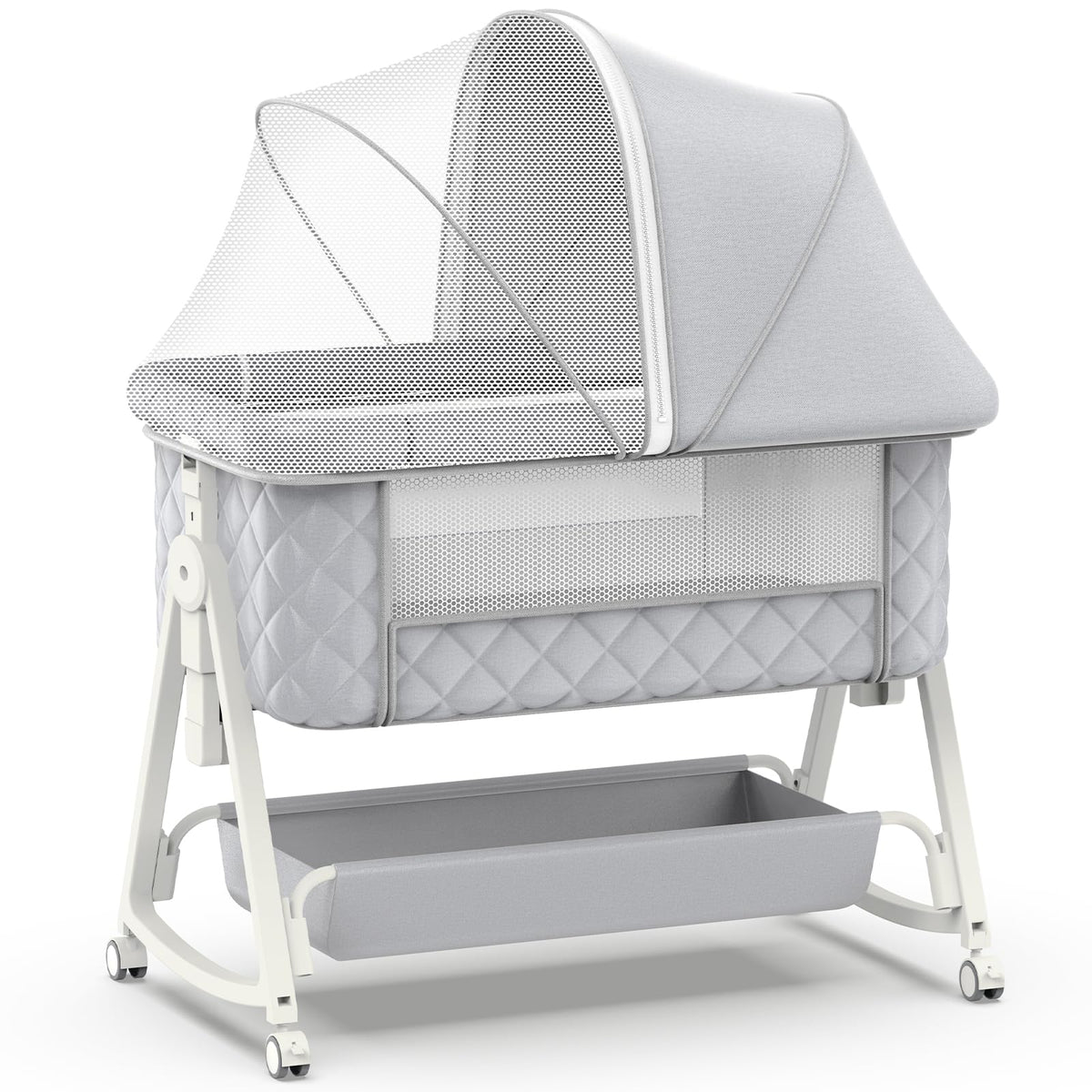 Pudult 5-in-1 bedside sleeper beside the bed for convenient night care.