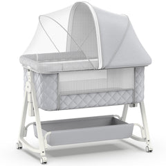 Pudult 5-in-1 bedside sleeper beside the bed for convenient night care.