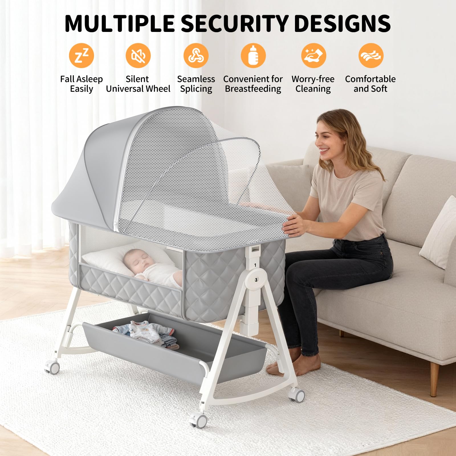 Pudult under-bassinet storage basket keeps essentials within reach.