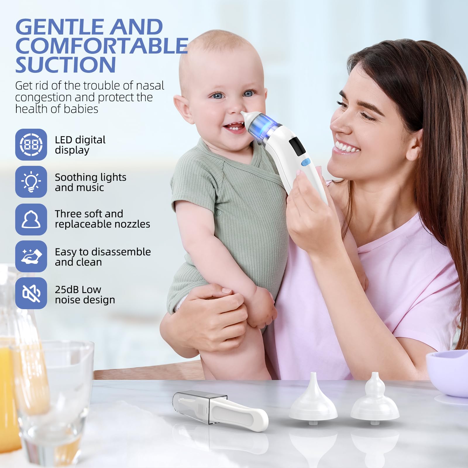 Pudult nasal aspirator offers 5 suction levels for gentle, precise clearing