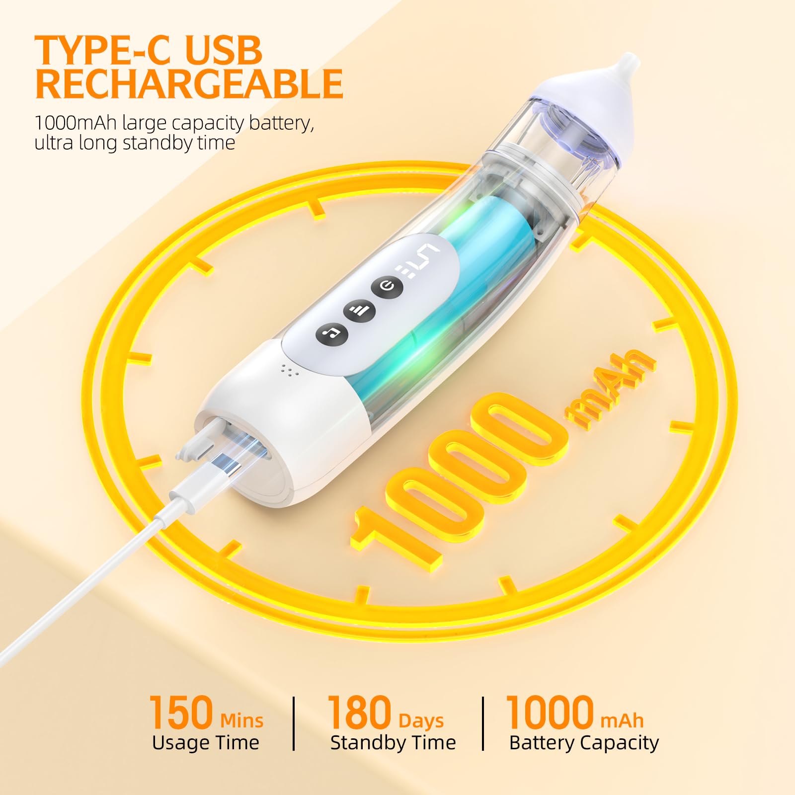 Pudult nasal aspirator USB-C rechargeable with 1000 mAh battery for on-the-go use.