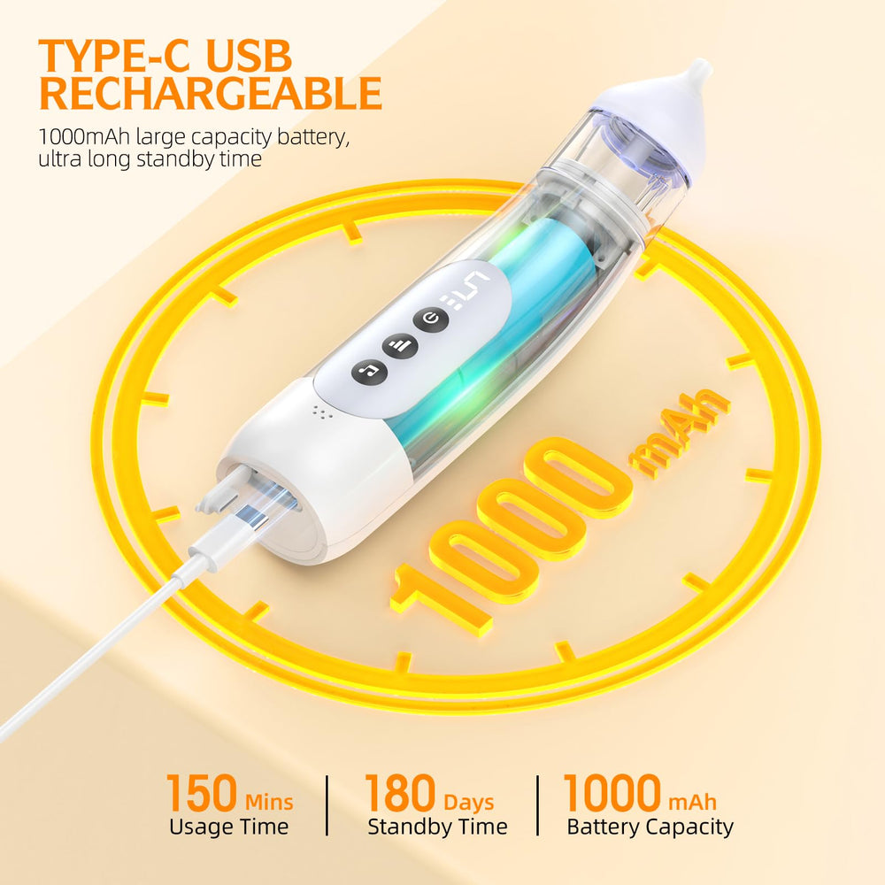 Pudult nasal aspirator USB-C rechargeable with 1000 mAh battery for on-the-go use.
