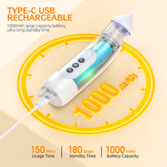 Pudult nasal aspirator USB-C rechargeable with 1000 mAh battery for on-the-go use.