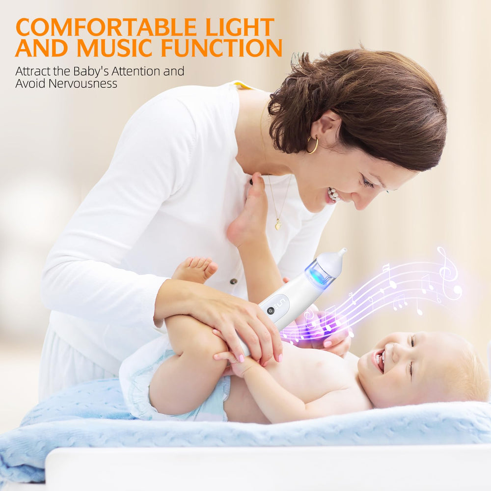Pudult nasal aspirator low-noise operation with music and lights for calmer sessions.