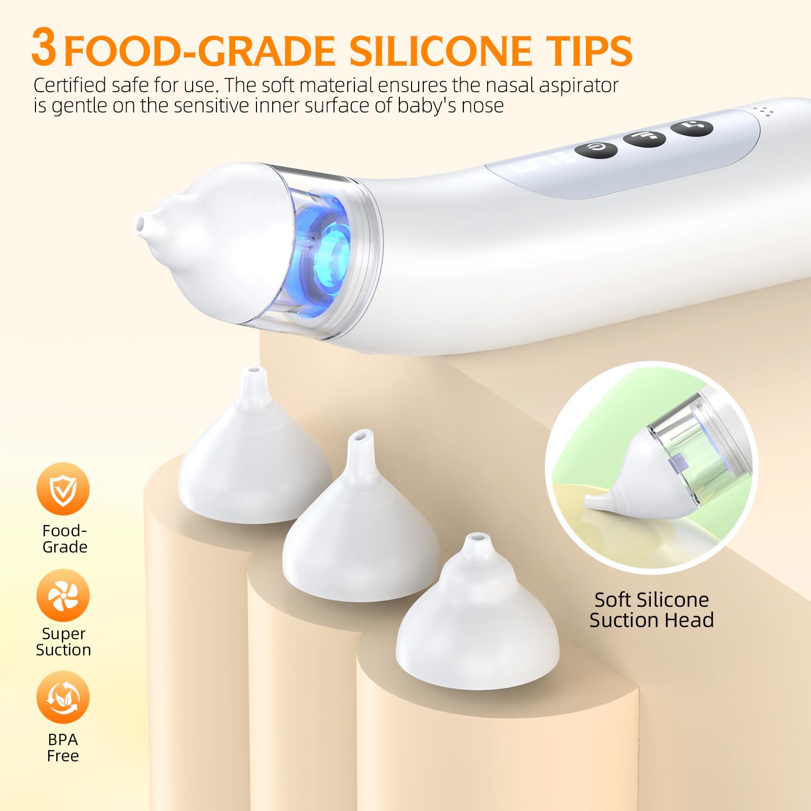 Pudult nasal aspirator soft silicone tip offers comfortable nose contact.