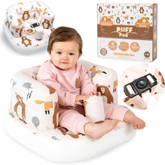 Puff Pod inflatable baby seat with safety harness for secure seating on the go