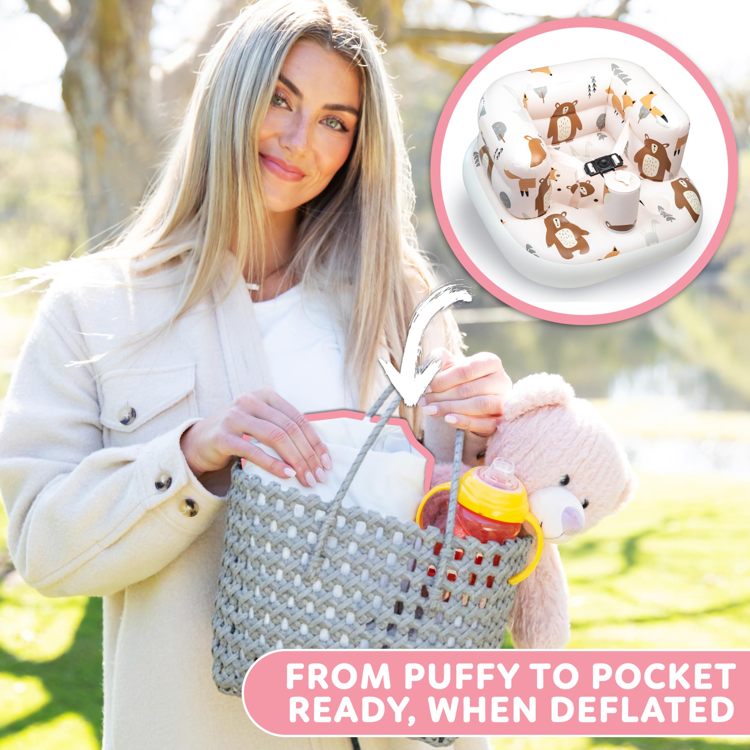 Puff Pod portable travel baby seat fits bags for easy trips