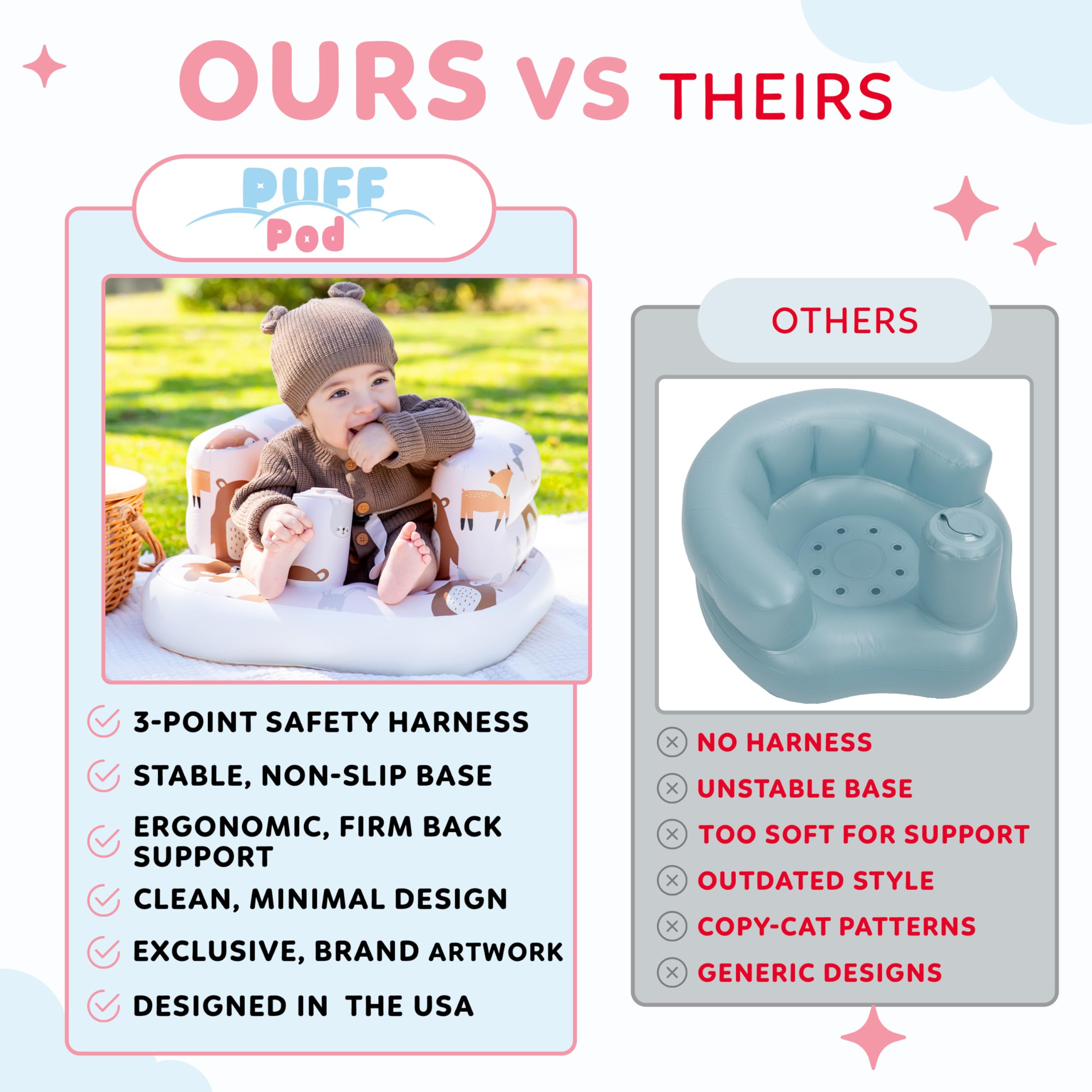 Puff Pod skin-safe PVC offers gentle touch and easy cleaning