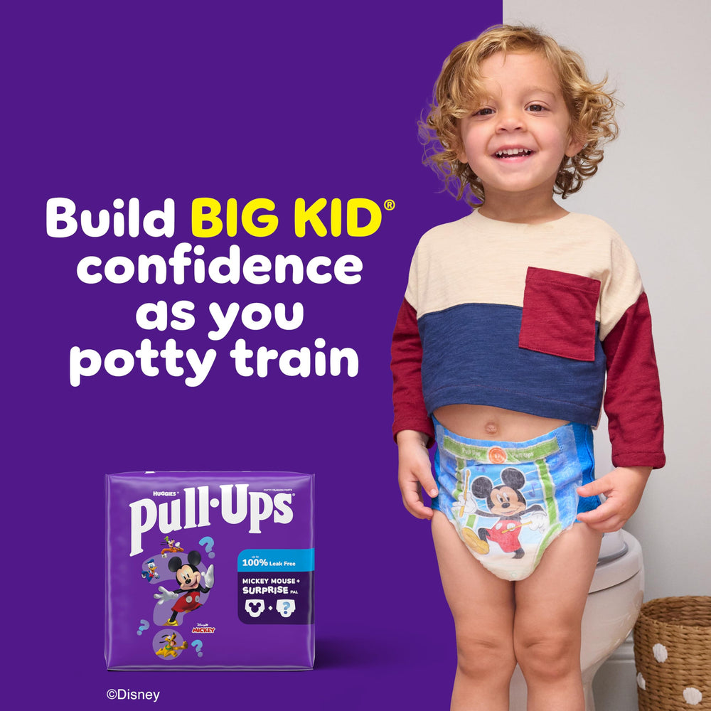 Pull-Ups Boys training pants with refastenable sides enable quick changes on the go.
