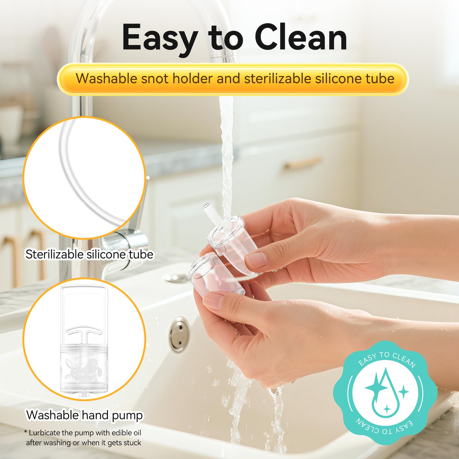 Pumpinose nasal-aspirator mess-free-design minimizing splatter for quick cleanup