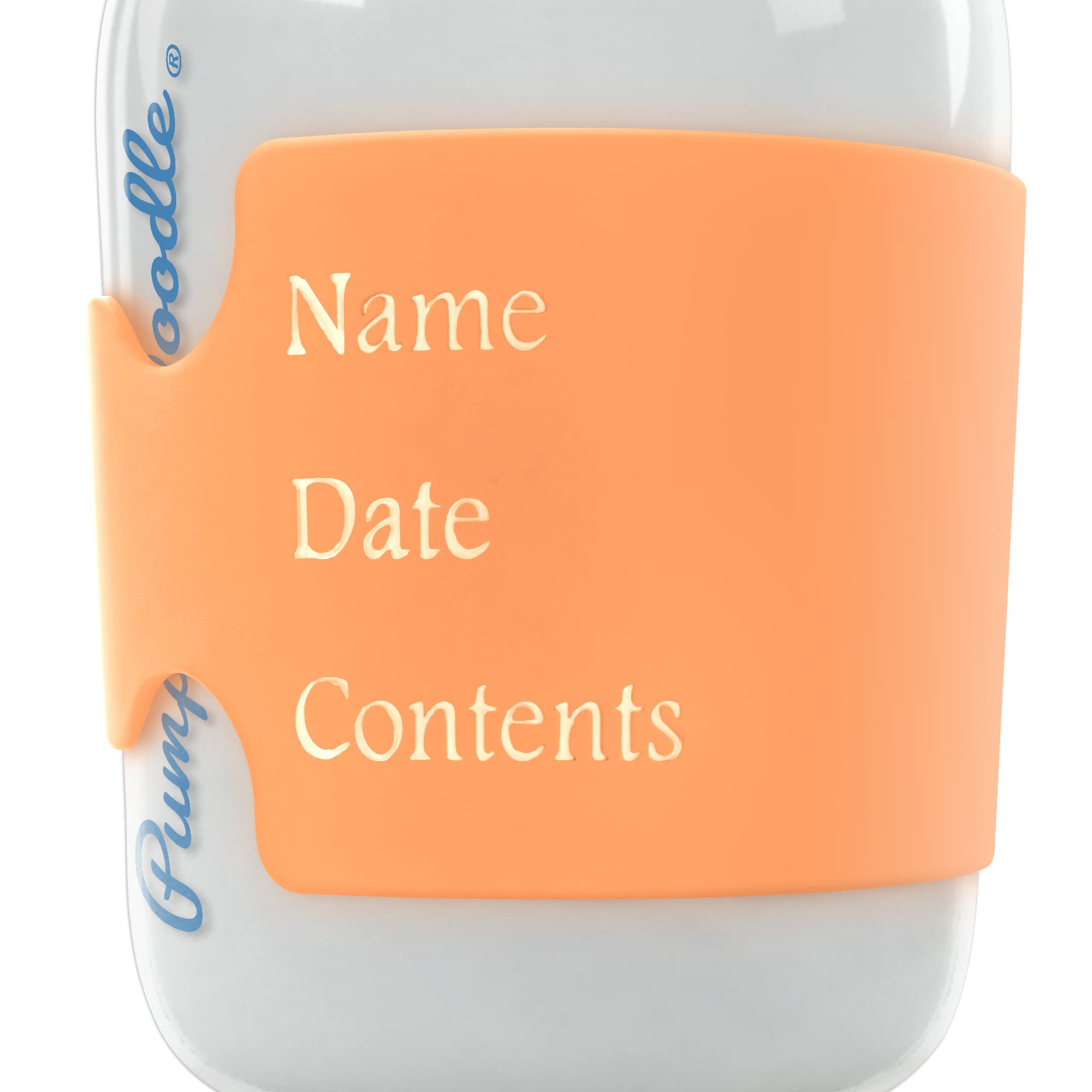 Baby holding a labeled bottle with Pumpkin Doodle for easy recognition