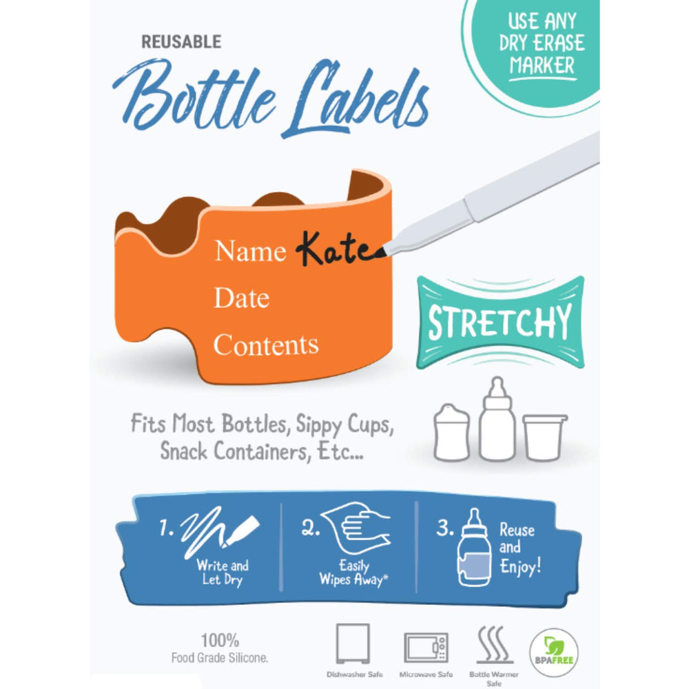 Six-label set from Pumpkin Doodle with marker demonstrates easy daycare labeling for multiple children