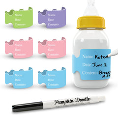 Pumpkin Doodle silicone bottle label around a bottle shows flexible, secure fit for any size