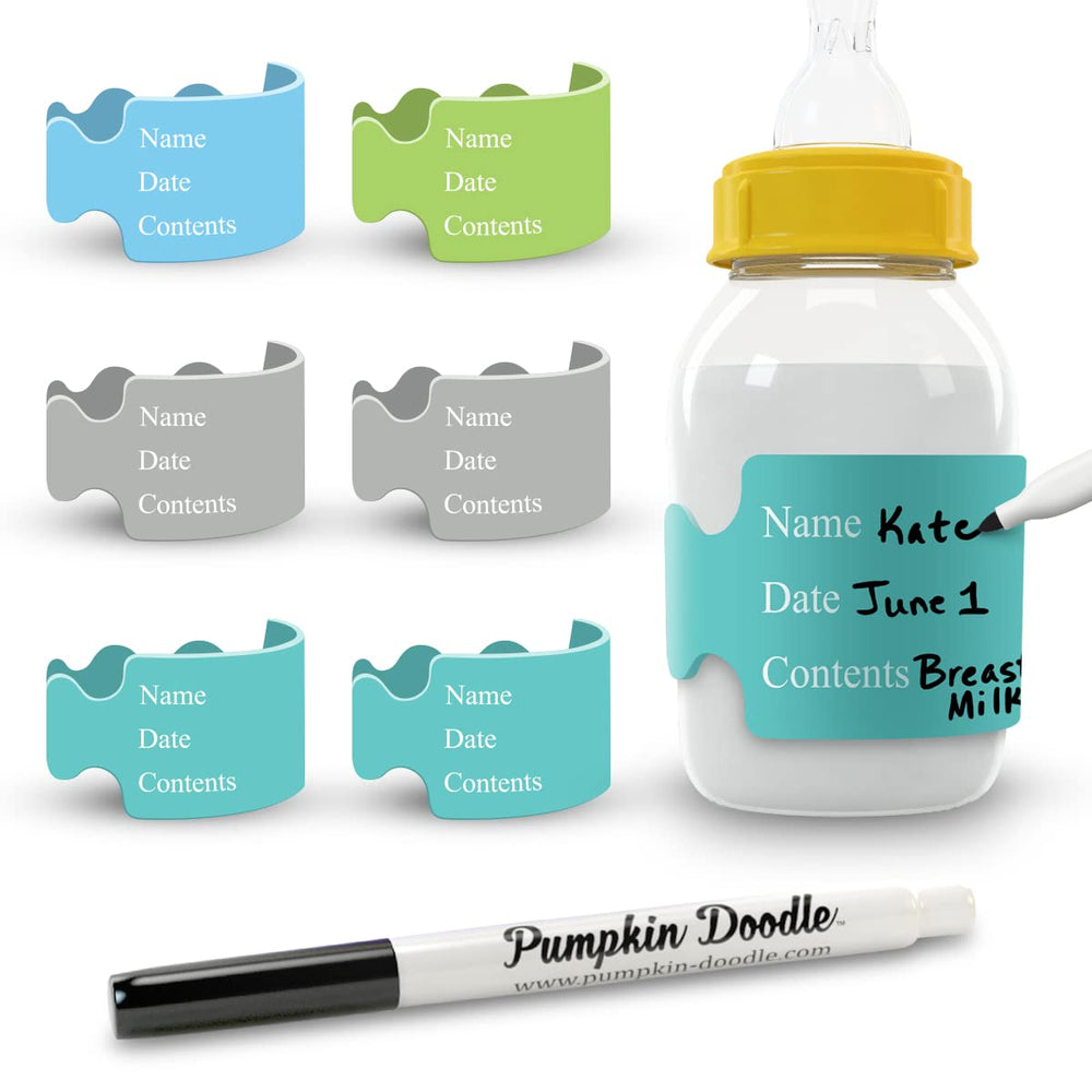Pumpkin Doodle daycare bottle label band on a Dr. Brown's 4oz bottle for easy organization