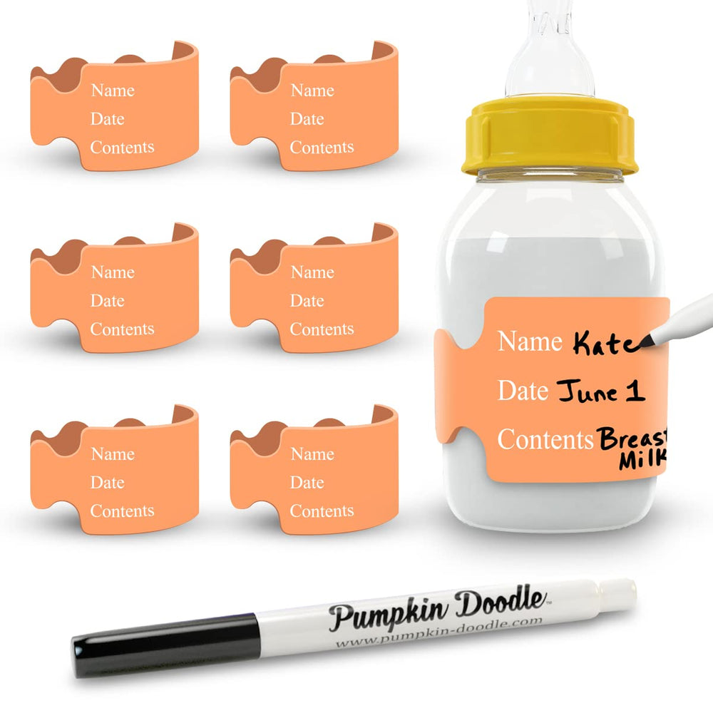 Pumpkin Doodle label band wrapped on a bottle for daycare identification