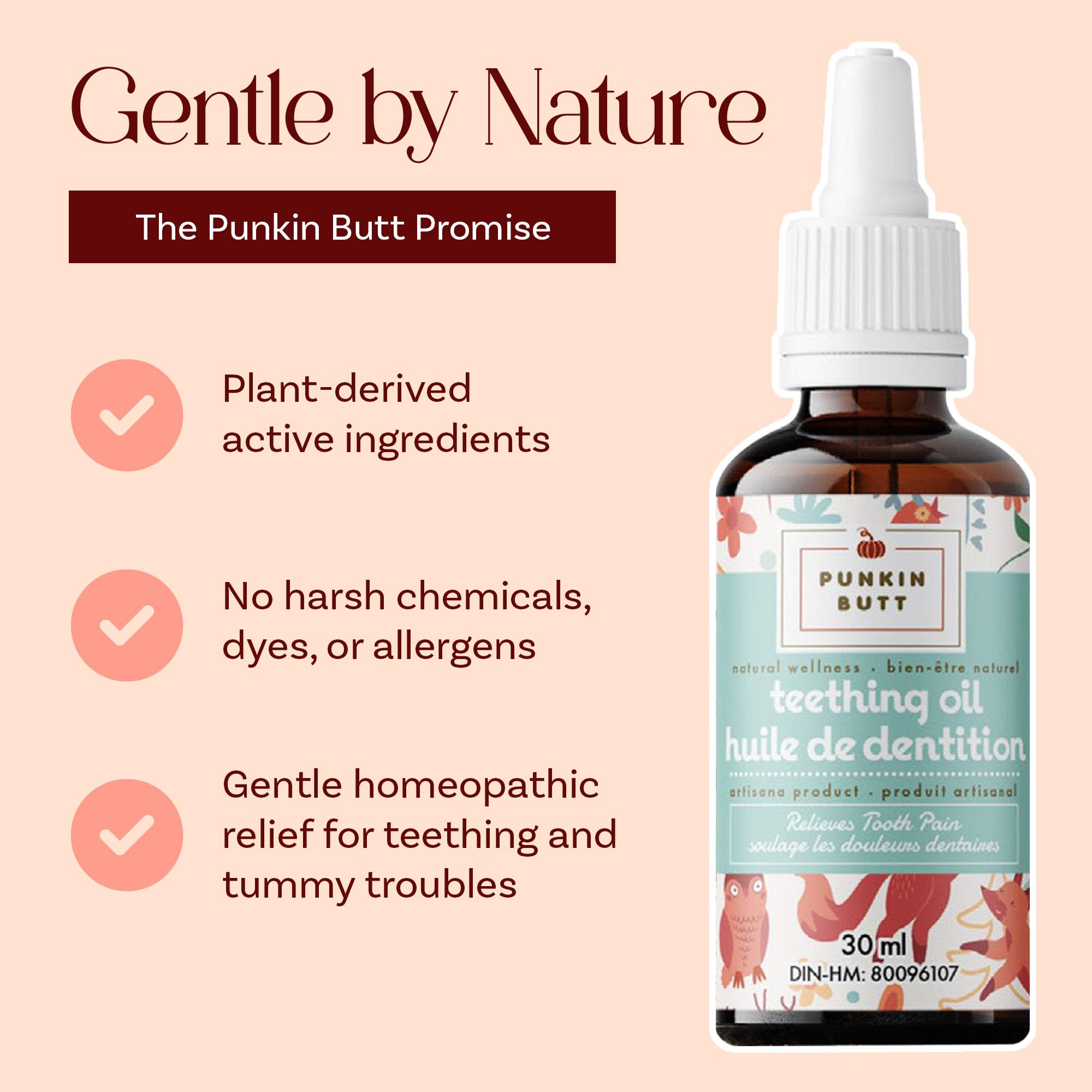 Punkin Butt teething oil amber bottle on shelf for bedside routine