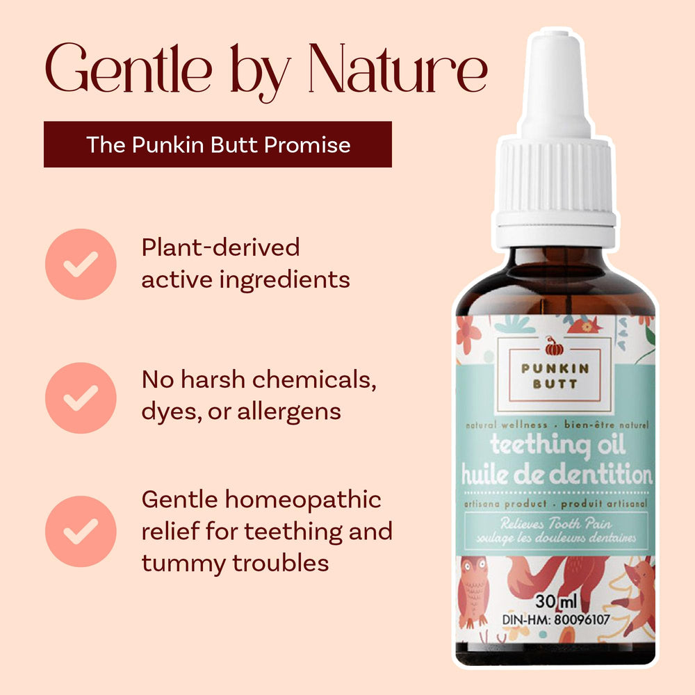 Punkin Butt teething oil amber bottle on shelf for bedside routine