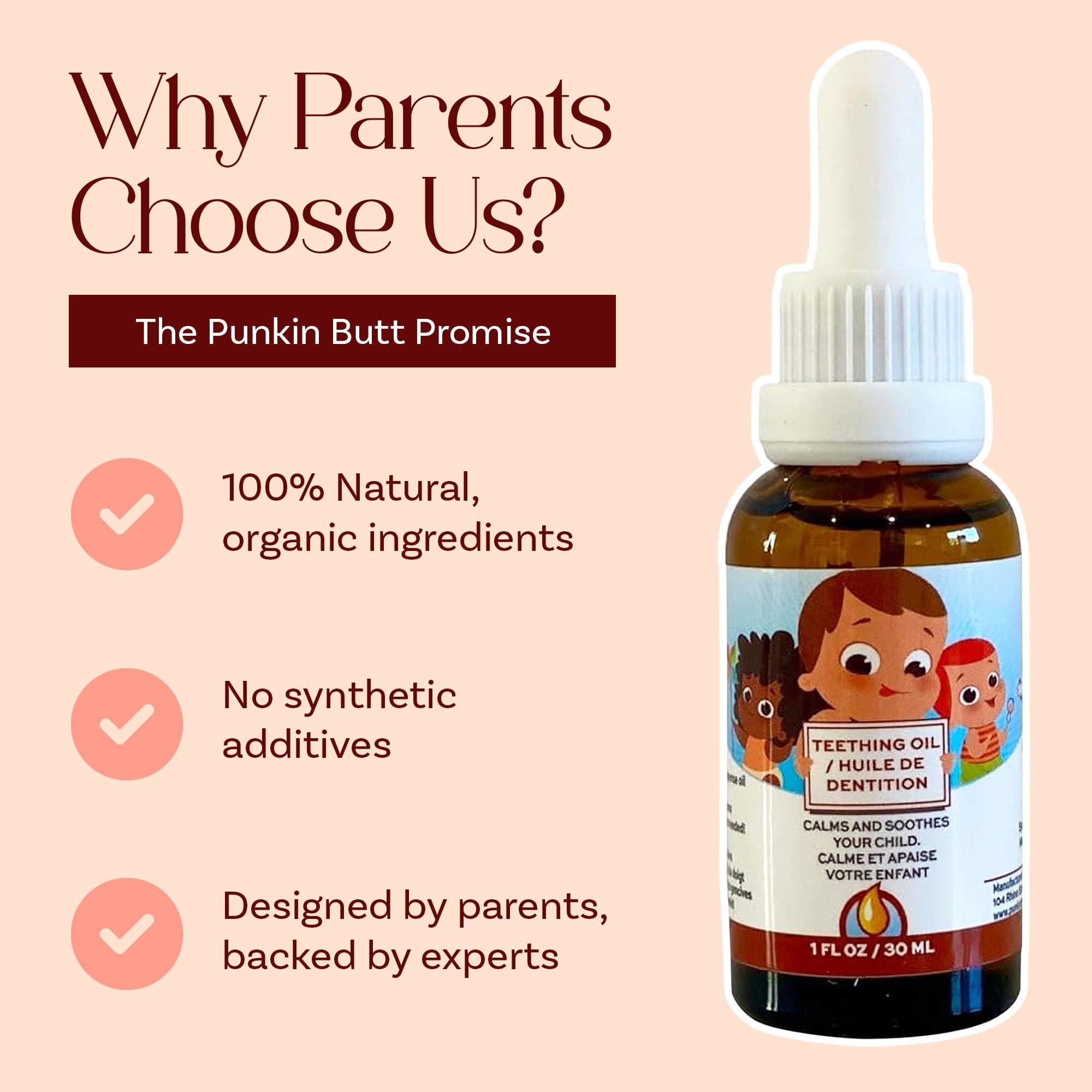 Punkin Butt teething oil award badge signals trusted family brand.