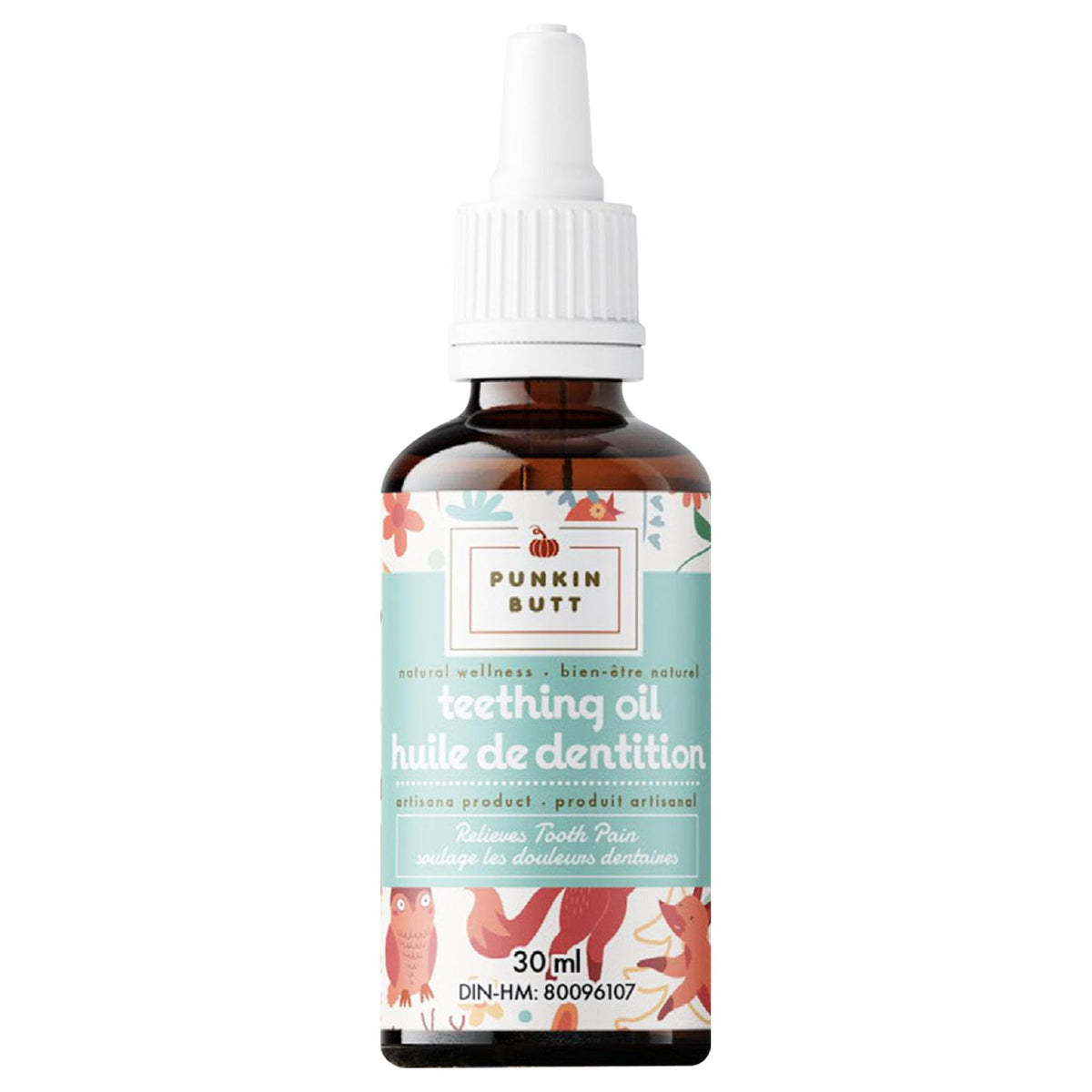 Punkin Butt teething oil bottle shown, 1oz size for easy on‑the‑go use
