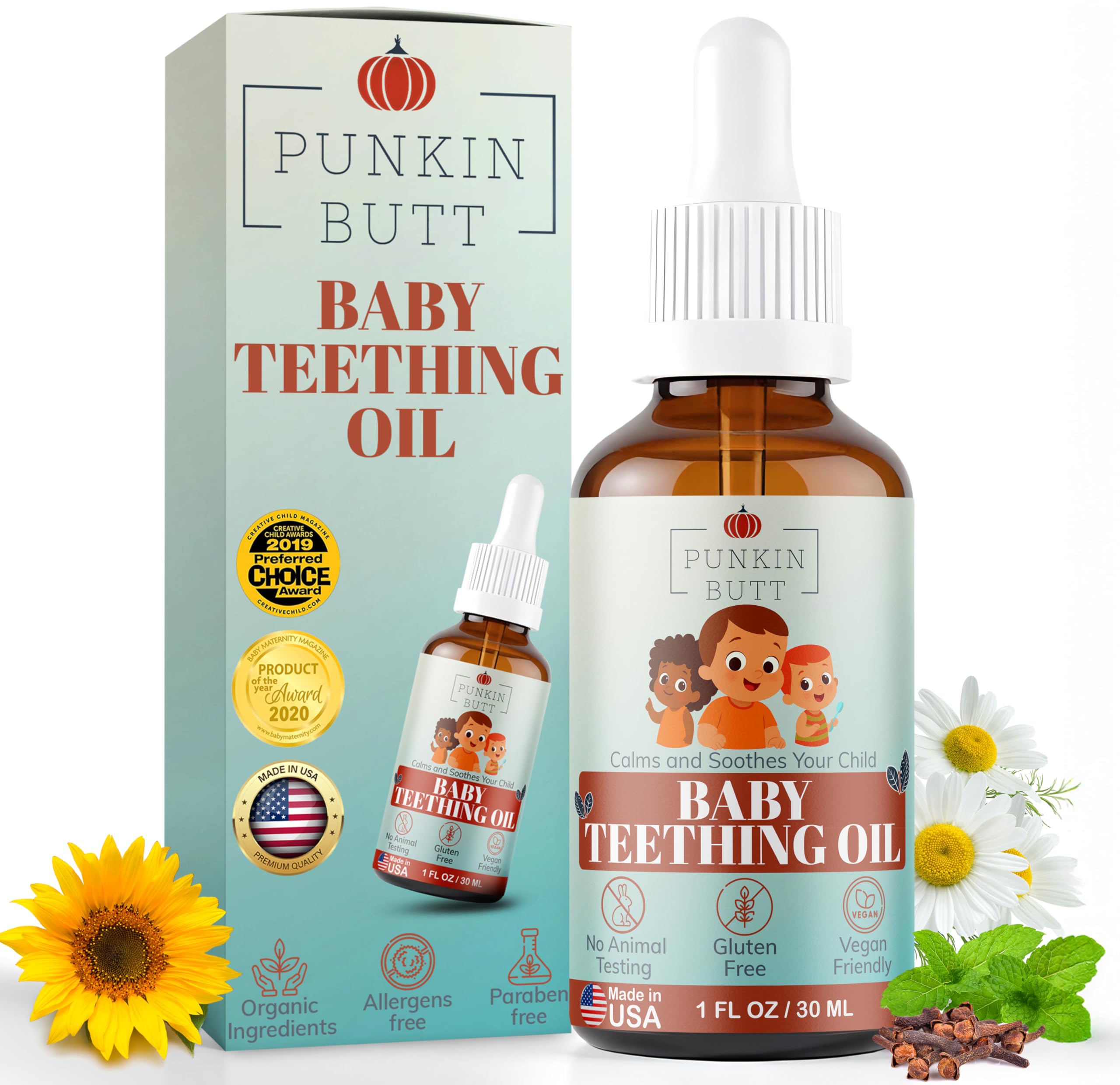 Punkin Butt teething oil dropper 1oz for precise, mess-free dosing.