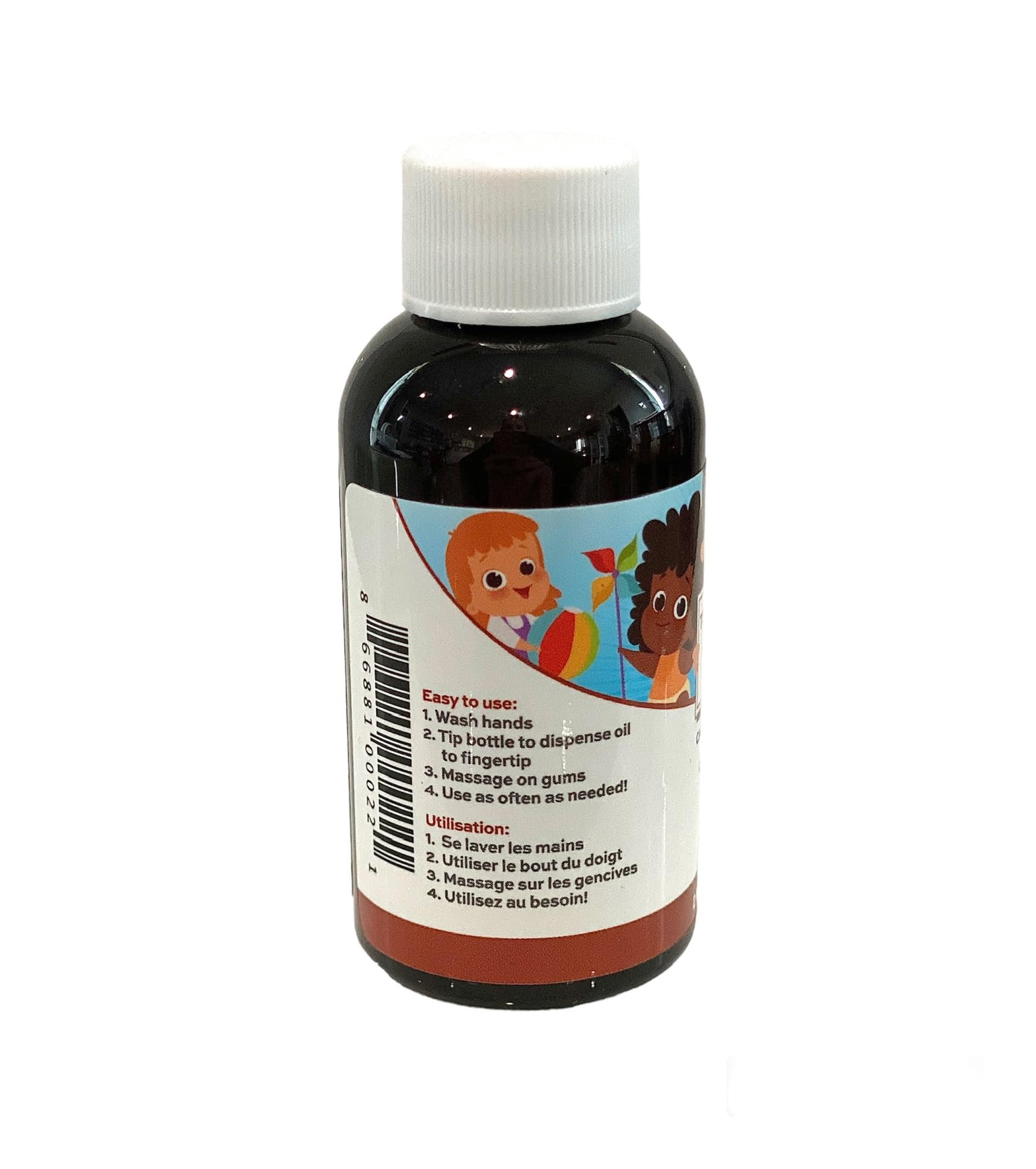 Punkin Butt Teething Oil dropper illustrates easy application for on-fingertip massage.