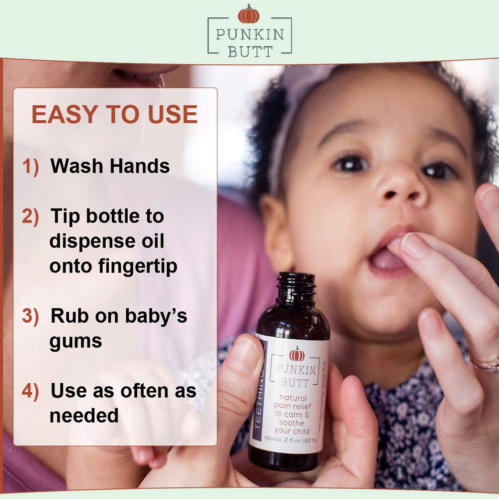 Punkin Butt Teething Oil gums-application demonstrates quick, gentle gum massage for babies.