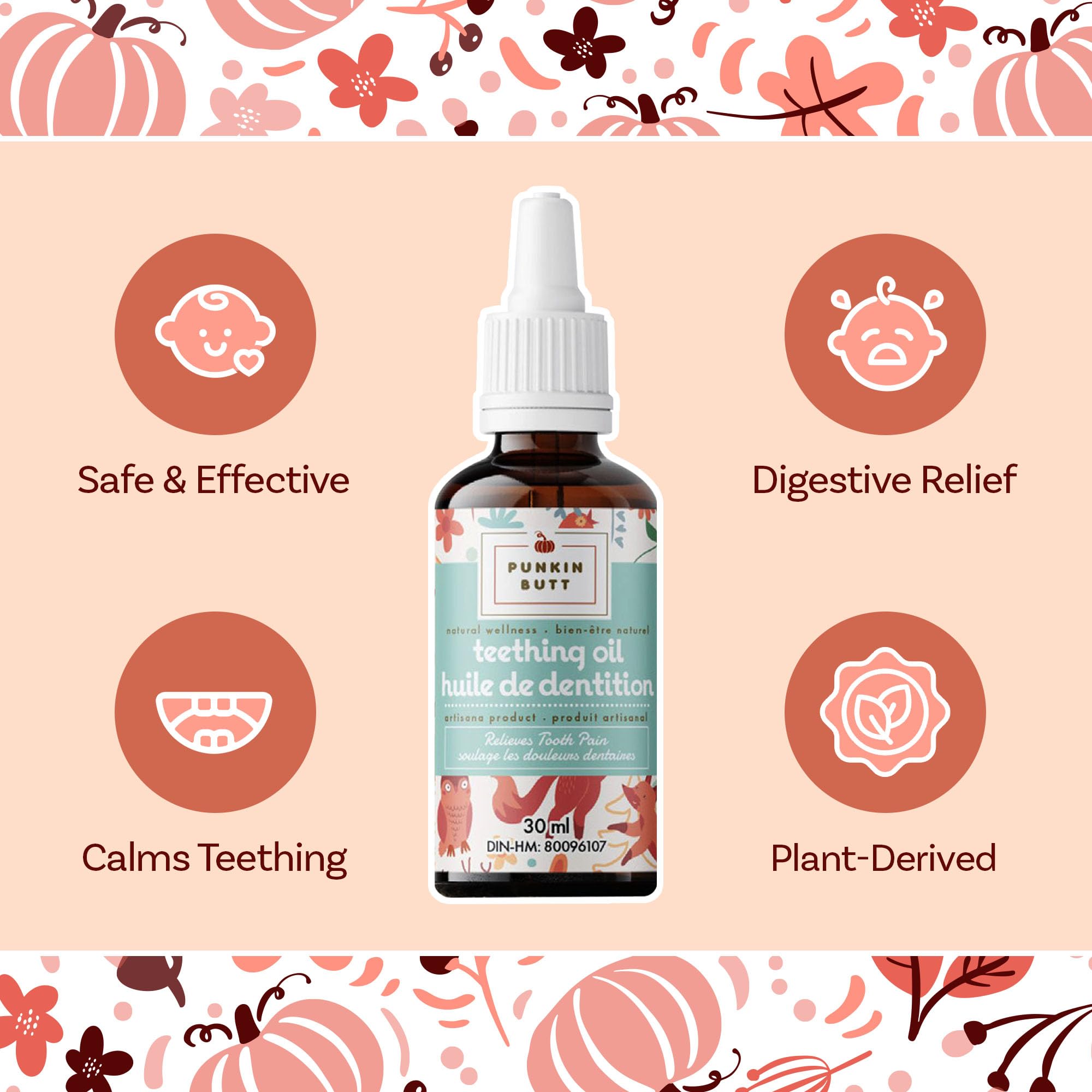 Punkin Butt teething oil ingredients chart highlighting plant actives