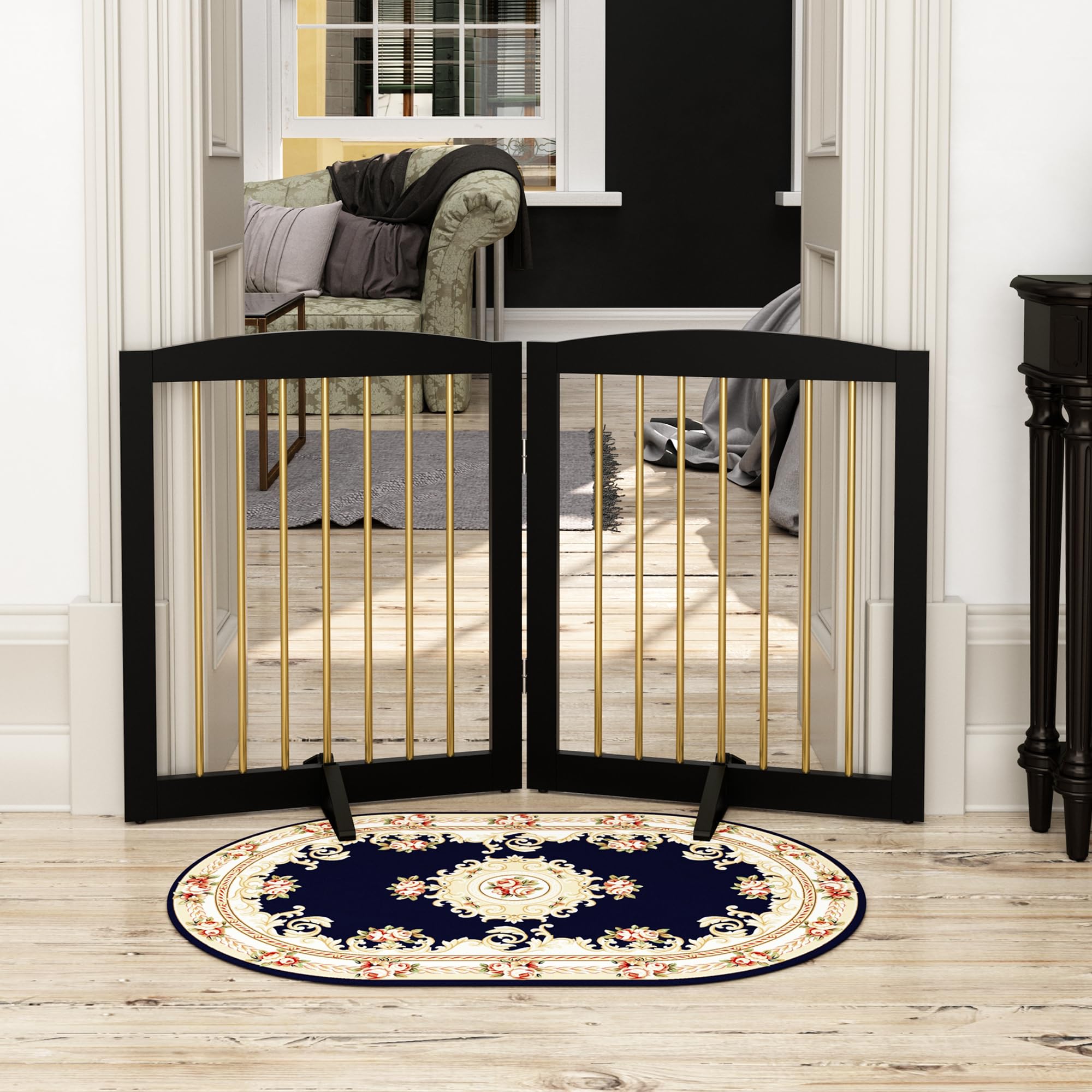 PUPETPO black and gold dog gate design complements modern decor