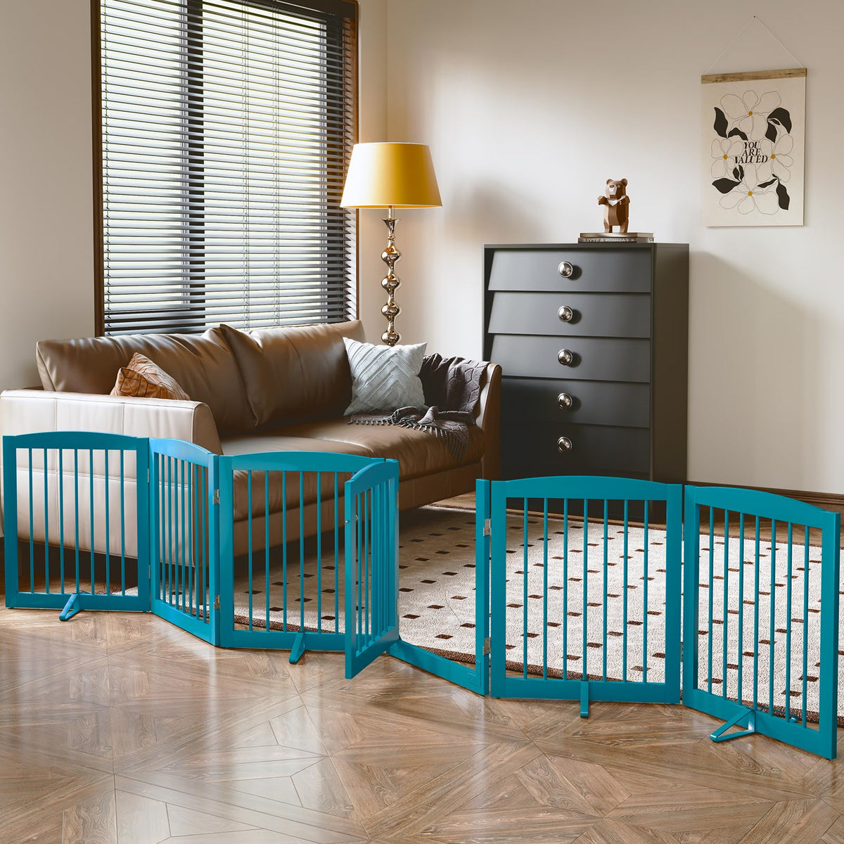 PUPETPO freestanding pet gate with walk-through door in blue for easy access and containment.