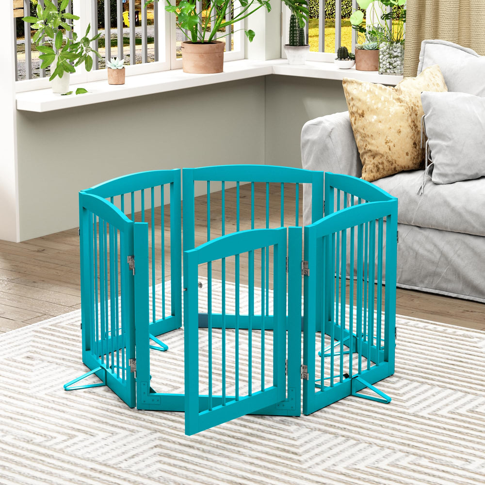 Blue PUPETPO gate spans 120 inches, ideal for wide doorways and room dividers.