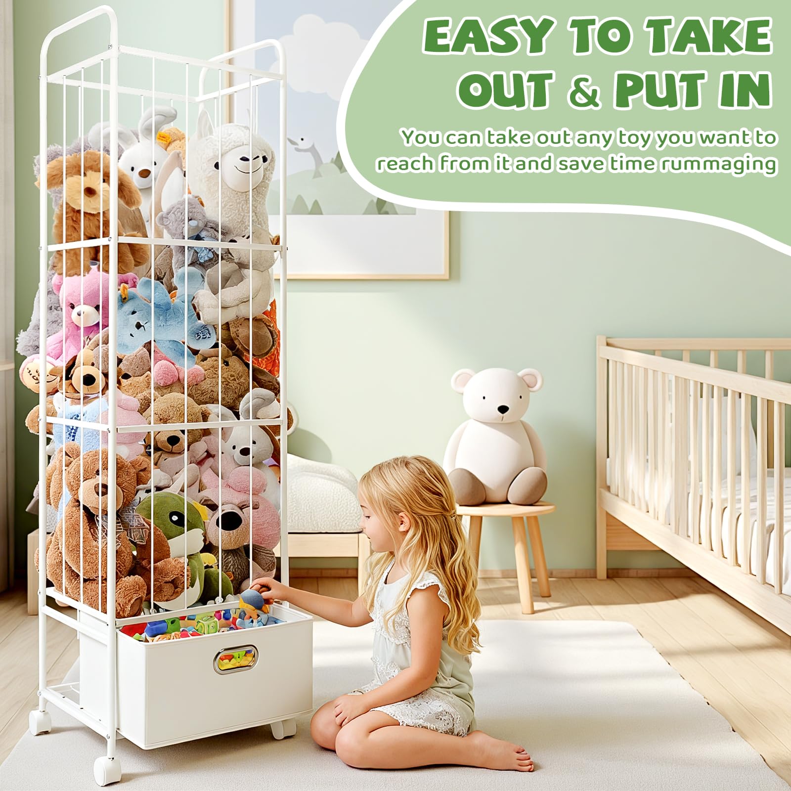 Puppiluv plush storage cage with elastic cords for quick retrieval.