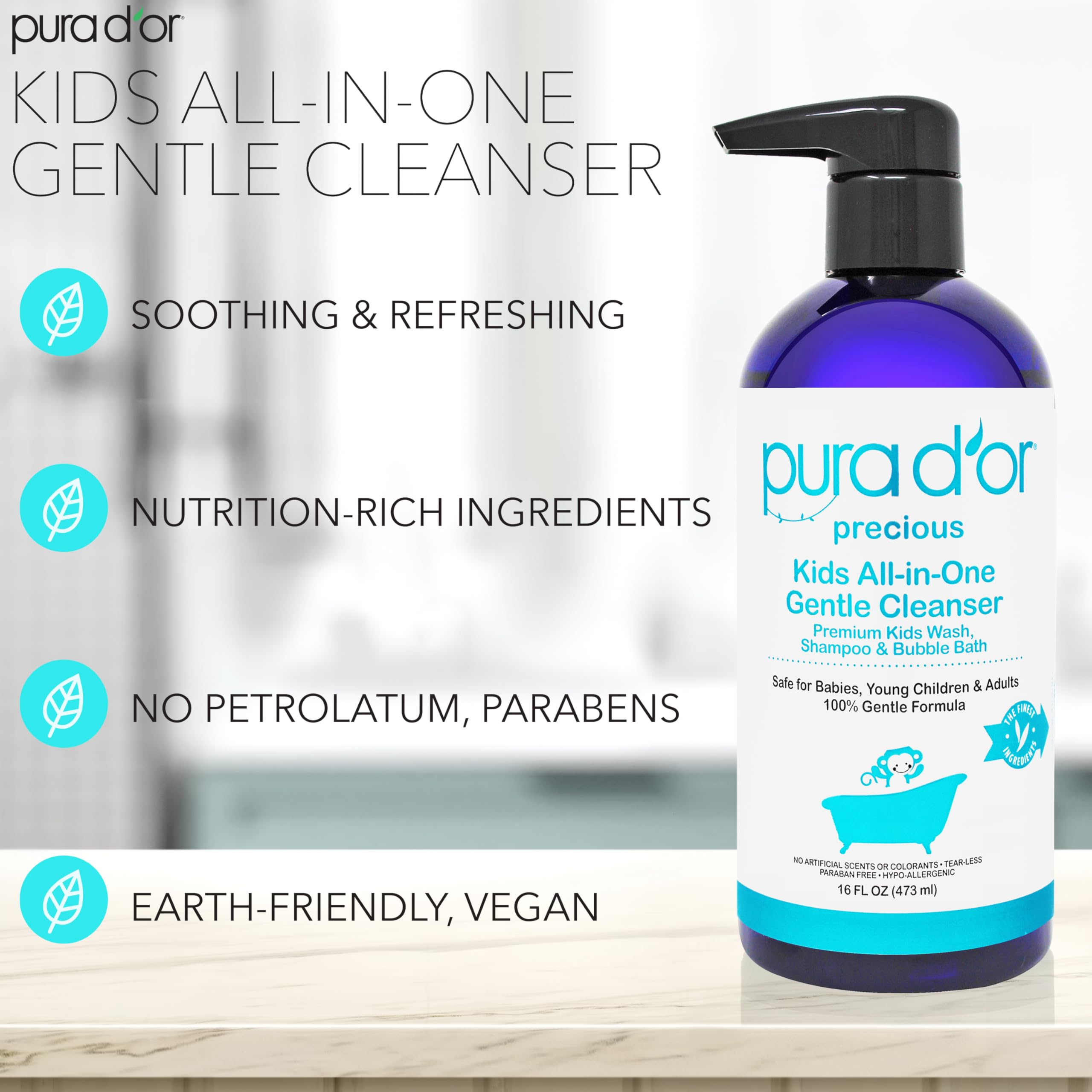 PURA D'OR Kids Wash bubbles demonstrate soft cleansing for sensitive skin.