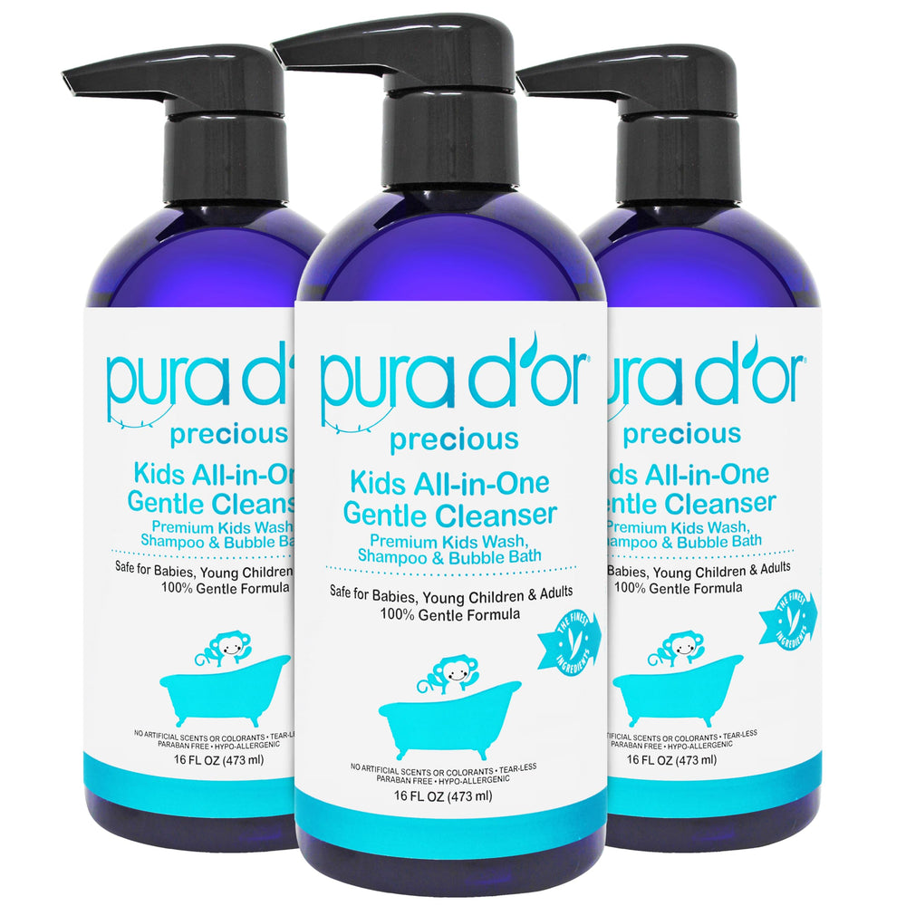 PURA D'OR Kids Wash bottle pour shows tear-free, gentle bath time.