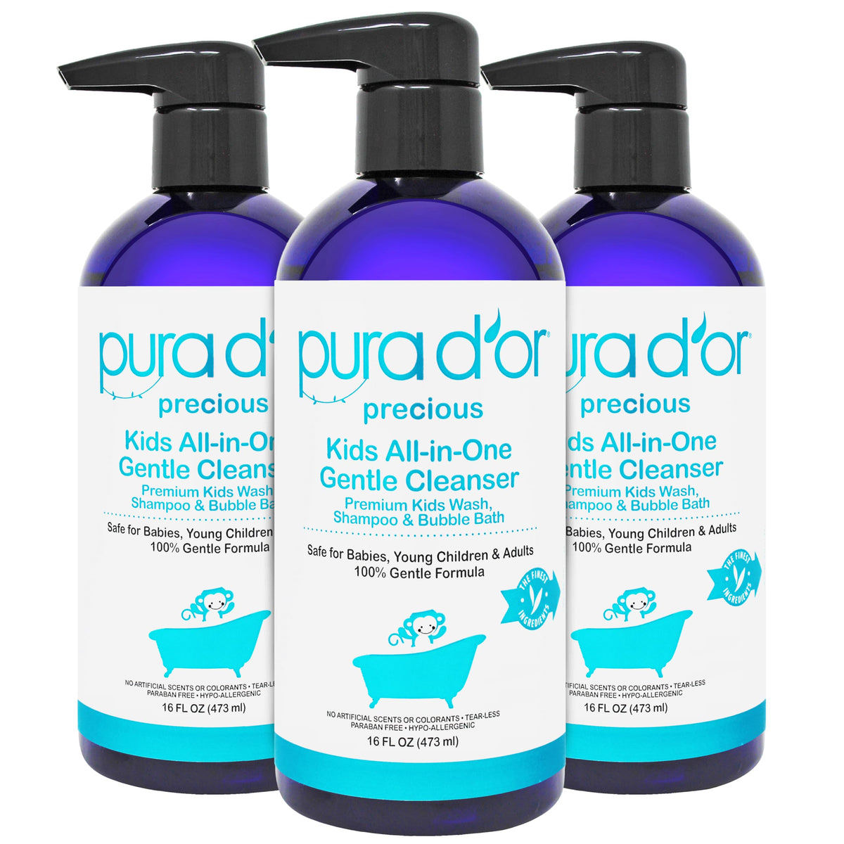 PURA D'OR Kids Wash bottle pour shows tear-free, gentle bath time.