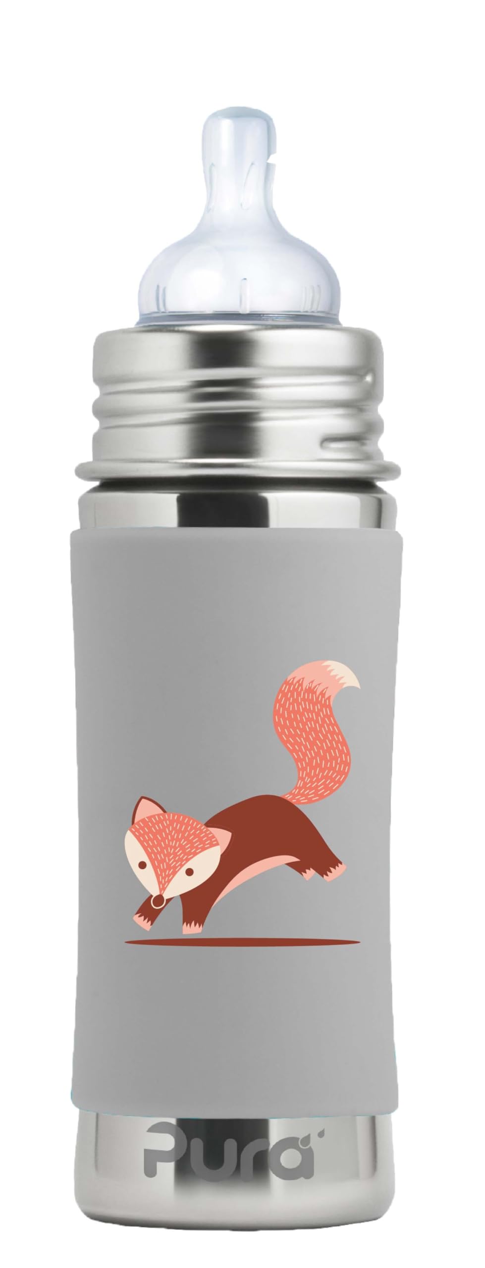 Pura Kiki 9oz bottle with fox sleeve for mess-free feeding on the go.