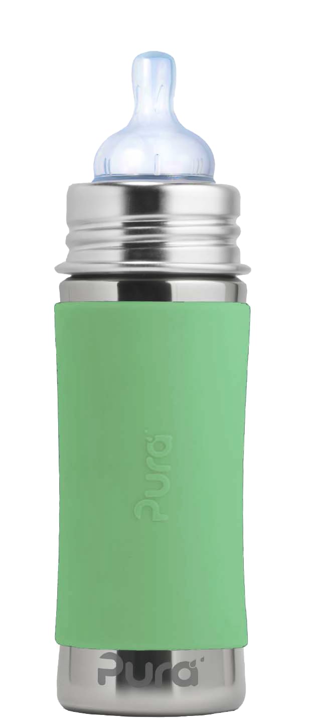 Pura Kiki 9oz bottle with moss sleeve shows durable stainless steel for baby feeds.
