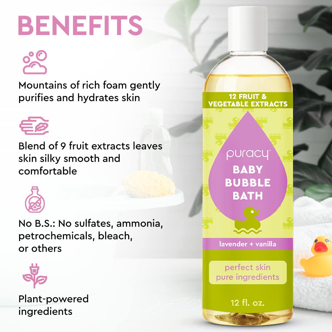 Puracy Bubble Bath for Children calming bubbles provide soft, long-lasting foam during bath time.