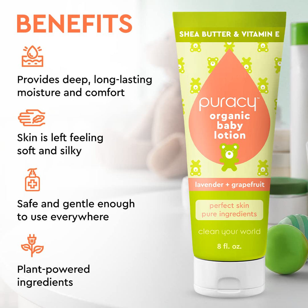 Puracy Organic Baby Lotion label close-up highlighting organic ingredients and safety