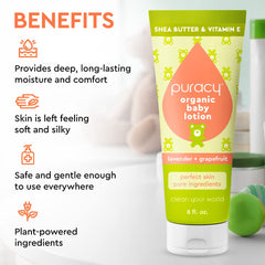 Puracy Organic Baby Lotion label close-up highlighting organic ingredients and safety