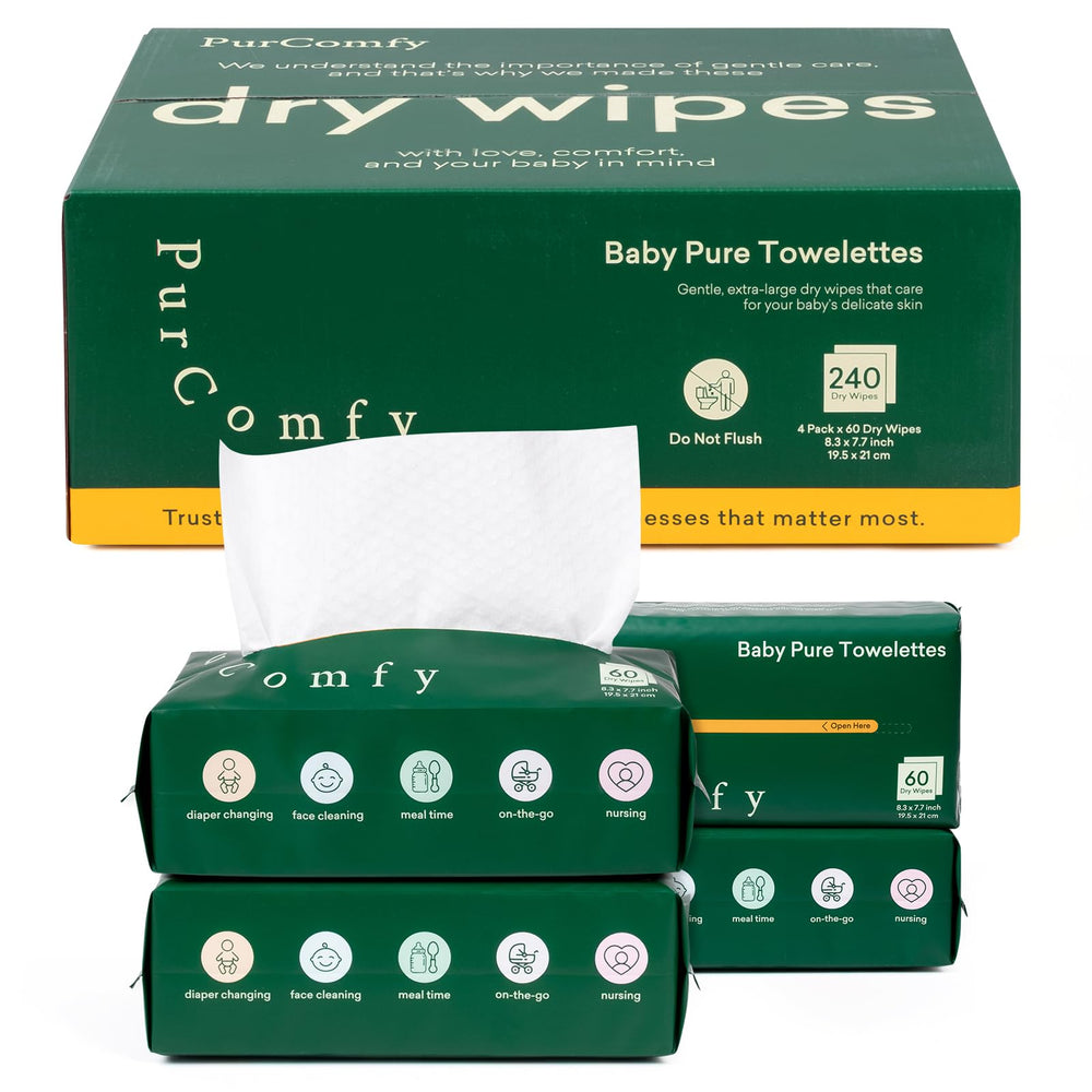 PurComfy Baby Dry Wipes package shows 240-count for newborn care.