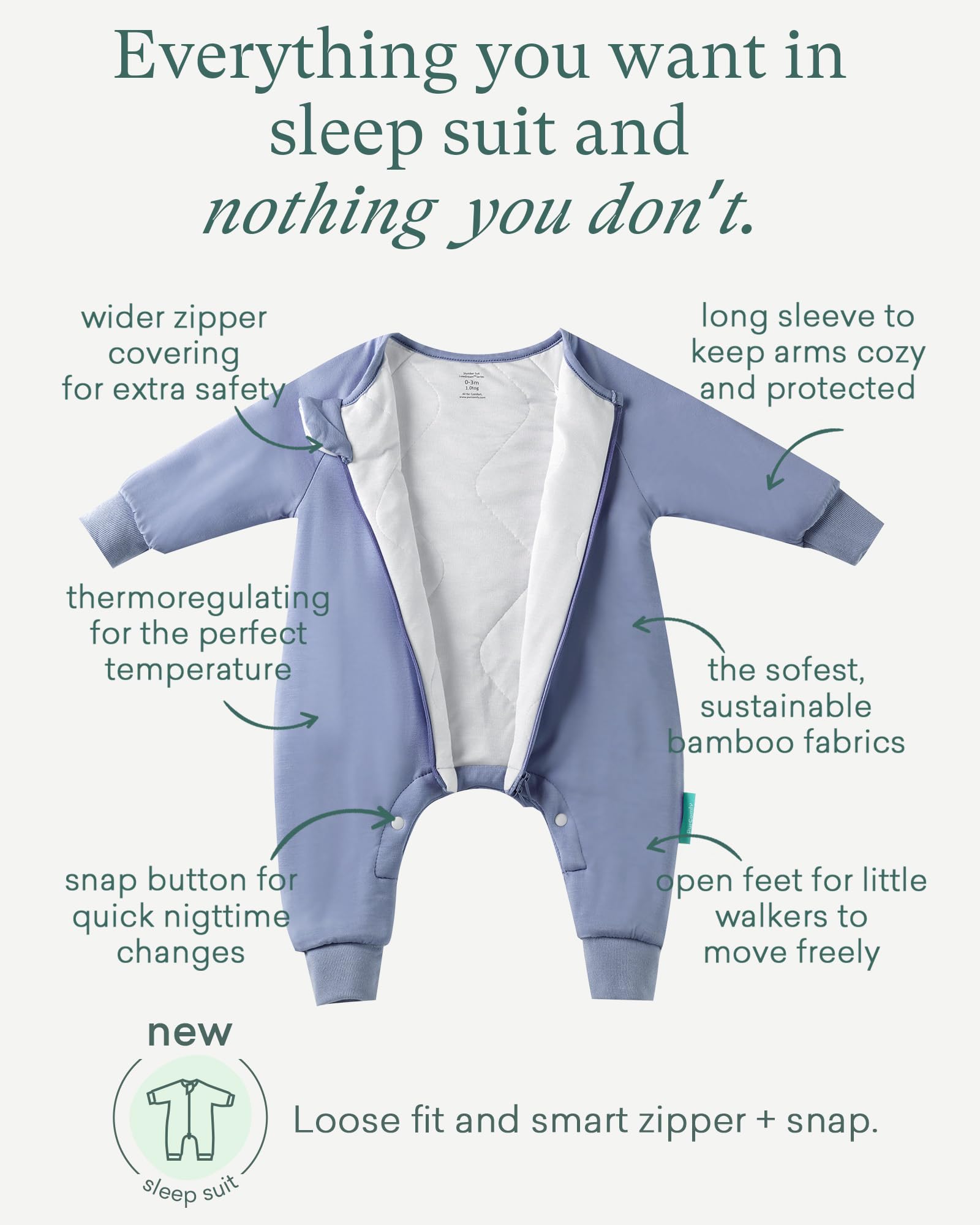 PurComfy Supersoft sleepsuit 1.0 TOG for balanced warmth in rooms