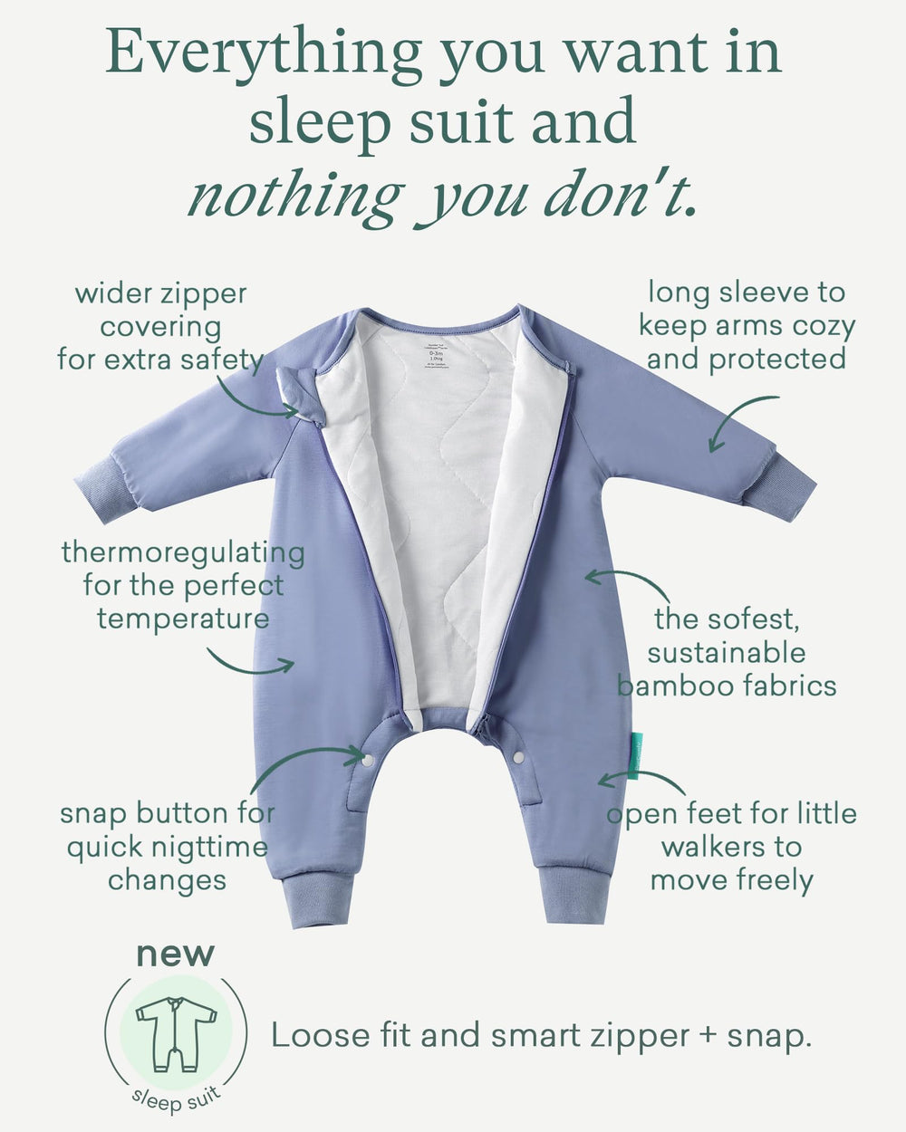PurComfy Supersoft sleepsuit 1.0 TOG for balanced warmth in rooms
