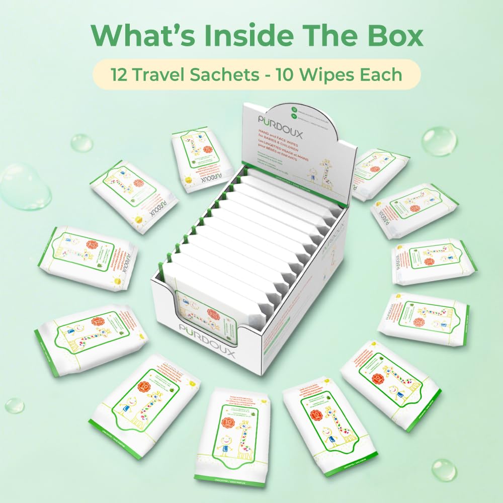 Purdoux versatile wipes; suitable for hands, faces, and pacifiers during outings.
