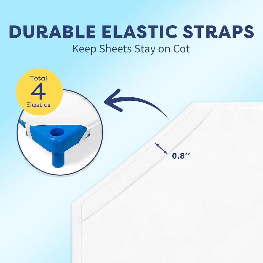 Pure Dreams cot sheet care instructions graphic indicating machine wash guidance.