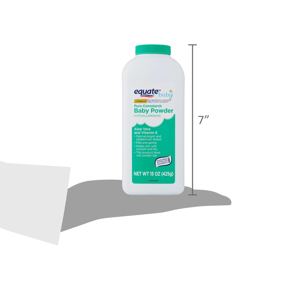 Pure Equate cornstarch baby powder with aloe vera and vitamin E for skin comfort.