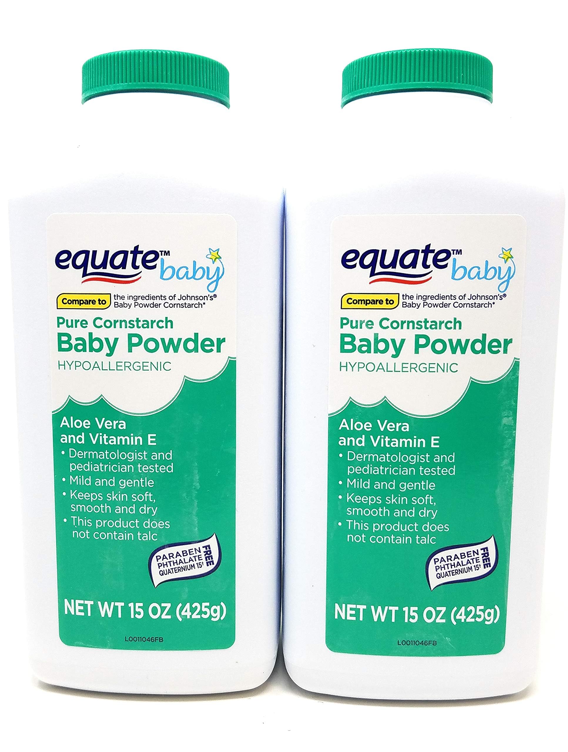 Pure Equate cornstarch baby powder front view shows 15 oz bottle for daily moisture relief.