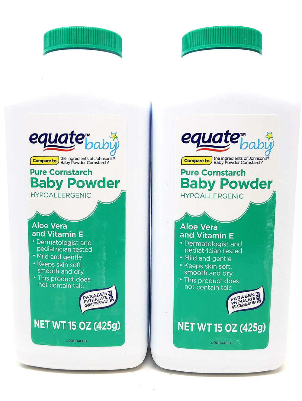 Pure Equate cornstarch baby powder front view shows 15 oz bottle for daily moisture relief.