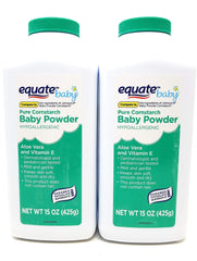 Pure Equate cornstarch baby powder front view shows 15 oz bottle for daily moisture relief.